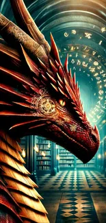 A mystical dark red dragon in a magical library setting on a mobile wallpaper.