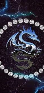 Mystical dragon encircled by crystals with lightning in a dark cosmic theme.