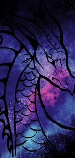 Mystical dragon artwork on a purple cosmic background.