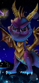 Purple dragon with gold wings on a starry night background.