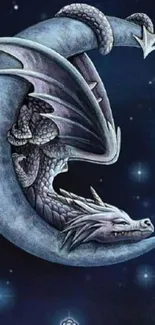 Dragon wrapped around a crescent moon in a starry night sky.