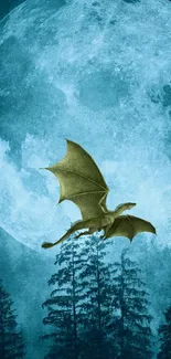 Dragon flying over forest with full moon backdrop.