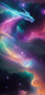 Fantasy wallpaper with a dragon in a colorful, starry nebula.