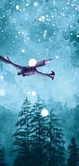 Dragon flying under a teal sky with moon and trees.