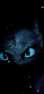 Mystical black dragon with blue eyes on a starry night background.