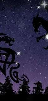 Silhouetted dragons against a starlit night sky with trees.