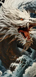 Fierce white dragon in ocean waves, stunning fantasy art for mobile wallpaper.