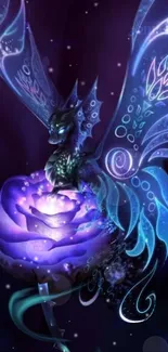 Fantasy dragon with purple rose petals and ethereal wings.