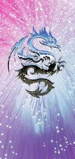 Mystical dragon with blue and pink glow on phone wallpaper.