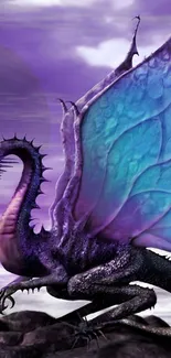 Mystical dragon with vibrant purple and blue wings on a cloudy background.