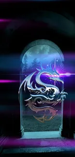 Mystical dragon in a neon-lit portal design for mobile wallpaper.