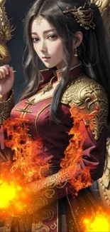 Fantasy dragon princess with fiery hands in detailed royal attire.