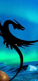 Silhouette of a dragon against an aurora-lit night sky.