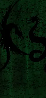 Dark silhouette of a dragon on a rich green backdrop, enhancing its mystical allure.