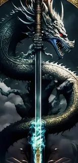 Mystical dragon coiled around a glowing sword, set against a dark fantasy background.