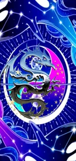 Mystical dragon and orcas with vibrant blue and pink colors.