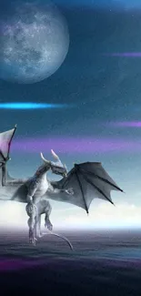 A dragon flying under the moonlit sky against a blue backdrop.