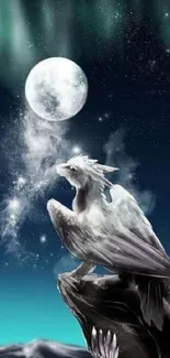 Dragon perched under a glowing moon in a mystical night sky.