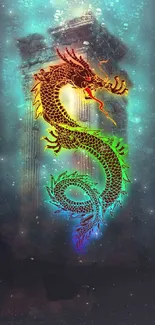 Vibrant rainbow dragon in underwater ruins wallpaper.