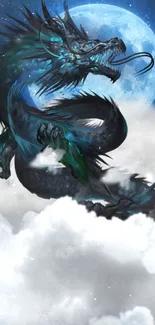 Mystical dragon flying above clouds with a bright blue moon.