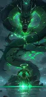 Mystical dragon with glowing green warrior in fantasy scene.