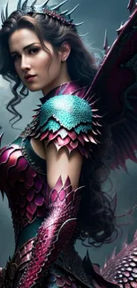 Intricate dragon warrior in armor with wings, set in a fantasy realm.