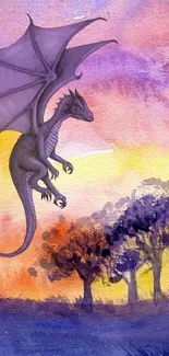 Vibrant watercolor painting of a dragon flying over colorful trees.