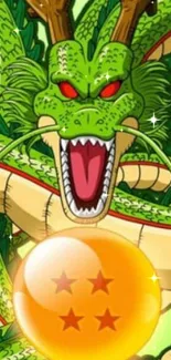 Green dragon with dragon ball on wallpaper, sparkling details included.