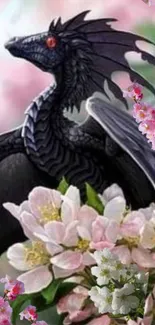 Black dragon surrounded by pink flowers in a fantasy artwork.