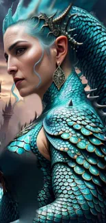 Dragon-scaled woman in mystical setting, fantasy art.