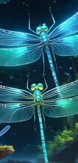 Mystical dragonfly with glowing wings in enchanted aqua setting.