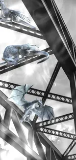 Dragons gracefully flying above steel beams in a mystical, grayscale scene.