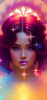 Mystical dream girl with vibrant colors and starlit background.