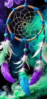 Colorful dreamcatcher with feathers and mystical smoke background.