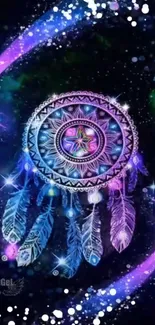 Dreamcatcher with cosmic galaxy background and colorful feathers.