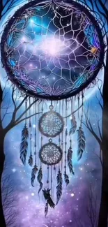 Mystical dreamcatcher with blue hues and starry night background.