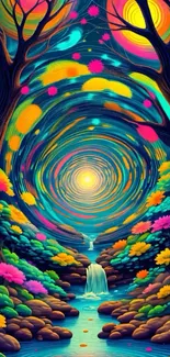 Vibrant psychedelic forest art with swirling colors and mystical elements.
