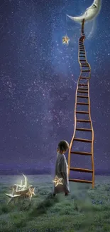 Child climbing ladder to crescent moon under starry sky.