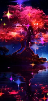 Vibrant pink tree with stars in a dreamy night scene.