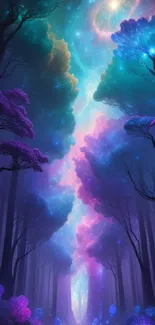 Mystical forest under a vibrant galaxy sky with colorful lighting.