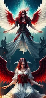 Mystical angels with vibrant red wings in a captivating fantasy scene.