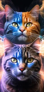 Magical cats surrounded by colorful smoke in a vibrant wallpaper.