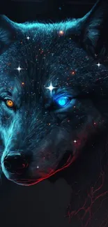 Mystical wolf with colorful eyes and stars on a blue cosmic background.