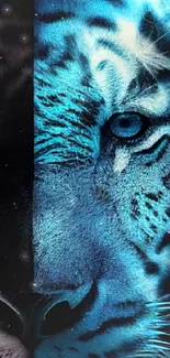 Dual-faced mystical tiger art with blue and orange glowing hues.