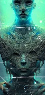 Mystical duality digital artwork with intricate designs and teal hues.