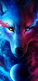 Mystical wolf in cosmic backdrop with vibrant blue and red colors.