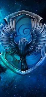 Mystical eagle shield with vibrant blue hues.