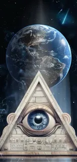 Mystical wallpaper featuring earth and eye pyramid.