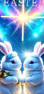 Two white bunnies under a cosmic sky for Easter wallpaper.