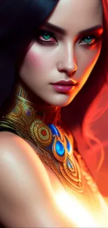 Mystical woman with elaborate jewelry in vibrant colors.